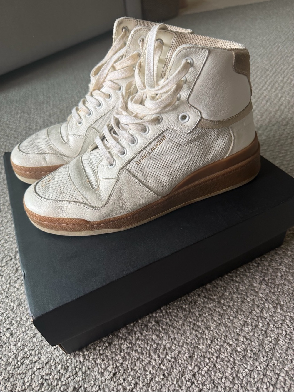Saint Laurent Cream and Brown High-Top Sneakers